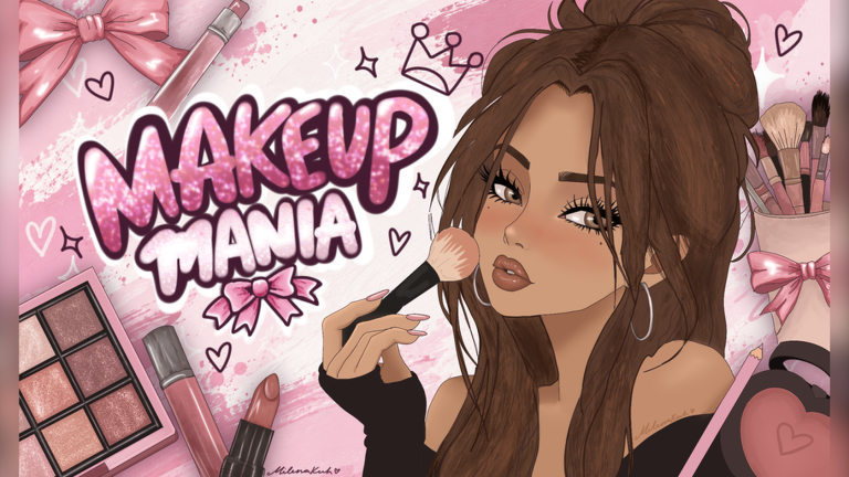 Visuel officiel de Makeup Mania : une demoiselle au chignon couronné tient un pinceau de maquillage, entourée de palettes, de rouges à lèvres et de doodles de cœurs